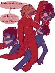 2boys big_muscles big_penis black_hair blonde_hair countryhumans crying cuba_(countryhumans) cum_in_mouth cum_on_face gay gay_rape gay_sex male male_only manipulation naked naked_male oral rape sad short_hair tears threatening united_states_of_america_(countryhumans) yani_yugos