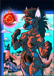 3girls anthro areola fat_mons female fighter grassland hyena large_areolae lips mohawk nipples nude perky_breasts pussy scowl short_tail small_breasts spear spiky_hair spots sunset teverant vagina weapon