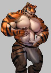 absurd_res anthro belly biceps bite biting_lip biting_own_lip clothed clothing digital_media_(artwork) epic_games erection felid fortnite fur hi_res male male_only mammal muscular muscular_anthro muscular_male nipples nude orange_body oscar_(fortnite) pantherine pecs self_bite sharf simple_background solo solo_male stripes tiger white_body white_fur