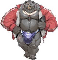 anthro armpit_hair bear beard big_bulge big_muscles big_pecs black_bear black_body black_fur body_hair bulge chan_kiti_chan_(artist) chest_hair coach facial_hair facial_scar fur hairy hi_res huge_muscles male male_only mammal musclegut muscular muscular_anthro muscular_male navel nipples pecs pubes scar solo ursine whistle_(object)