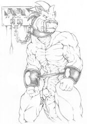 1boy ass bondage chains collar cuffs erection male male_only megan muscles muzzle nude penis reptile scalie sketch snake solo spikes standing tail