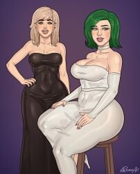 2girls alternate_version_available ass big_ass big_breasts blonde_hair blush breasts cerez_(rocner) choker curvy curvy_female curvy_figure disgust disgust_(inside_out) disney dress eyebrows eyelashes green_eyes green_hair heels human humanization humanized inside_out inside_out_2 lesbian light-skinned_female lipstick long_eyelashes long_hair looking_at_viewer milf piercings pixar rocner short_hair sitting slim_waist smiling smiling_at_viewer tagme thick_ass thick_eyebrows thick_hips thick_thighs tight_dress wide_hips