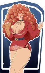 1girls 2022 absurd_res alternate_version_available areolae belt big_breasts blazer blush breasts cartoon_network cleavage collar curly_hair english_text hair_over_eyes hi_res long_hair looking_at_viewer no_bra orange_hair panties parted_lips powerpuff_girls print_panties revealing_clothes sara_bellum see-through see-through_clothing side_slit solo standing sutema tattoo tattoo_on_chest text text_on_clothing text_on_panties thick_thighs very_long_hair voluptuous voluptuous_female