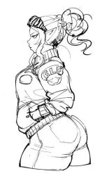 1girls ass ass_focus big_ass big_butt big_thighs black_and_white dark-skinned_female dat_ass elf elf-san_wa_yaserarenai fat_ass female fully_clothed jeans kuroeda pointy_ears side_view sketch solo solo_focus synecdoche thick_thighs thighs tight_clothing white_background white_hair