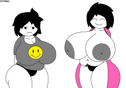 2024 artist_name artist_signature ashley_(woodsglue) big_breasts black_hair breasts chubby cleavage janice_(woodsglue) mother_and_daughter nipples panties robe smile smiling thick_thighs thighs tired tummy woodsglue