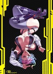 1girls arm_up bangs blush breasts cd_projekt_red cybernetics cyberpunk:_edgerunners cyberpunk_2077 cyborg female female_only female_pubic_hair large_breasts leotard looking_at_viewer lucyna_kushinada monowire multicolored_eyes multicolored_hair nipples open_mouth parted_lips pixiepowderpuff pubic_hair pussy short_hair solo studio_trigger