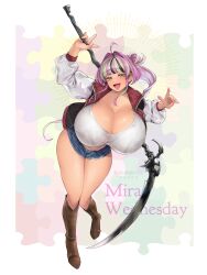 1girls breasts cleavage female great_sushi_man huge_breasts jean_shorts multicolored_hair original original_character scythe thighs