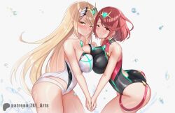 2girls alternate_costume ass blonde_hair blush breast_squeeze breasts bubble_butt core_crystal female female_only highres holding_hands large_ass large_breasts long_hair looking_at_viewer monolith_soft mythra nintendo official_alternate_costume pyra red_eyes red_hair short_hair slim_waist swimsuit thick_ass thick_thighs thighs very_long_hair voluptuous wide_hips xenoblade_(series) xenoblade_chronicles_2 yellow_eyes z-ki