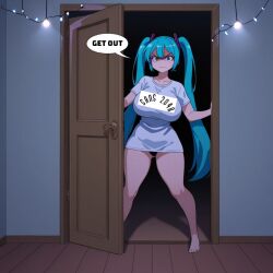 ai_generated angry angry_face blue_eyes blue_hair blue_hair_female blush clothed clothed_female clothing comic comics door female garland hair hatsune_miku light sans_2048 standing standing_sex text text_bubble
