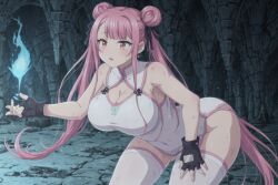 1girls ai_generated asymmetrical_bangs black_gloves chest clothes double_bun dress female fingerless gloves long_hair pink_dress pink_eyes tao_yuifa tensei_shitara_dai_nana_ouji_dattanode,_kimamani_majutsu_o_kiwamemasu