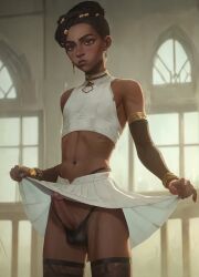 1boy 2d ai_generated arcane dark-skinned_male dark_skin erection fakeshit femboy femboy_only feminine_male futanari genderswap_(ftm) jewelry league_of_legends looking_at_viewer mel_medarda midriff navel penis riot_games rule_63 skirt skirt_lift standing tagme thighhighs white_clothing