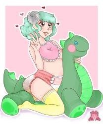 1girls areolae bib breasts coolhooves diaper dinosaur_plushie female hearts_around_head horns light-skinned_female messy_diaper scat