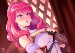 1boy 1girl 1girls artist_logo bare_shoulders black_gloves blush breasts celica_(fire_emblem) cleavage confessional dark-skinned_male dark_skin dress earrings female fingerless_gloves fire_emblem fire_emblem_echoes:_shadows_of_valentia gloved_handjob gloves handjob hetero highres interracial jewelry large_breasts light-skinned_female light_skin long_hair male medium_breasts motion_blur motion_lines nintendo open_mouth own_hands_clasped own_hands_together penis pink_hair purple_eyes red_hair revolverwingstudios solo_focus upper_body variant_set white_dress