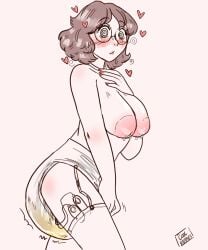 1girls areolae breasts brown_hair coolhooves diaper diaper_only female glasses hand_on_chest hearts_around_head hypnosis lactation messy_diaper scat vibrator wet_diaper