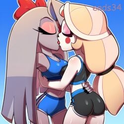 2girls ai_generated booty_shorts butt charlie_morningstar_(hazbin_hotel) ends34 hair_bow hazbin_hotel kissing navel shorts sports_bra sports_uniform standing vaggie_(hazbin_hotel)