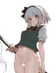 1girls blue_eyes blush bottomless flat_chest light-skinned_female light_skin ribbon small_breasts soara_shimomo tagme touhou white_hair youmu_konpaku