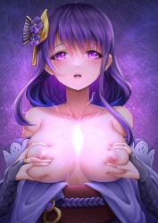 bangs bare_shoulders breasts bridal_gauntlets collarbone commentary_request electricity female genshin_impact hair_ornament hands_on_own_breasts highres large_breasts long_hair looking_at_viewer mole mole_under_eye nipples obi open_mouth purple_eyes purple_hair raiden_shogun royboy sash solo teeth