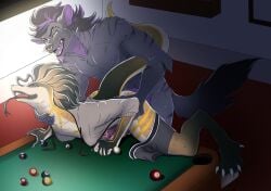 absurd_res anthro billiards clothed clothing doggy_style duo facial_piercing from_behind_position fur furry hi_res hyaenid long_tail male male/male mammal markings misscurlyhead_(artist) neck_grab nose_piercing partially_clothed piercing public public_sex purple_body purple_fur reptile scalie sex snake sudz