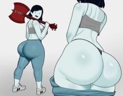 1girls adventure_time ass axe bare_shoulders big_ass big_butt black_hair breasts bubble_butt cartoon_network cleavage clothed clothing coldarsenal female female_only grey_background guitar instrument large_ass looking_at_viewer looking_back marceline musical_instrument open_mouth open_smile panties pants pants_down shoes short_hair simple_background smile solo solo_female thong voluptuous wide_hips