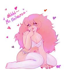 1girls female female_only finger_in_mouth gem_(species) hearts_around_head pink_eyes pink_hair poofy_hair red_nails rose_quartz_(steven_universe) solo star_eyes steven_universe white_lingerie