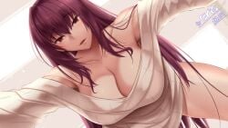 1girls akitsuki_karasu breasts cleavage fate_(series) female hair_between_eyes large_breasts long_hair long_sleeves looking_at_viewer open_mouth pov purple_hair scathach_(fate) solo sweater thick_thighs thighs