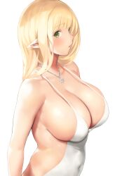 backless_dress backless_outfit blonde_hair breasts cleavage covered_navel dress elf female from_side green_eyes hexagram huge_breasts impossible_clothes jewelry large_breasts looking_at_viewer medium_hair necklace nekoshoko no_bra original parted_lips pointy_ears sideboob sidelocks simple_background solo star_of_david strap_gap upper_body white_background white_dress