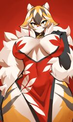 1girls amber_eyes anthro arknights aspirindabaitu big_breasts breasts chinese_clothes female furry glasses looking_at_viewer mx99926 red_background smile solo solo_female tagme tiger tiger_girl waai_fu_(arknights)