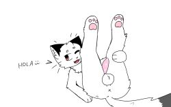 anthro anus ass balls black_body black_fur bodily_fluids digital_media_(artwork) domestic_cat erection erwolf5 eyeshadow felid feline felis fur genital_fluids genitals hi_res makeup male mammal nude pawpads paws penis red_eyes simple_background smile solo spanish_text text tongue whiskers white_body x_anus