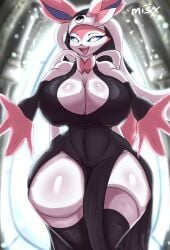 anthro arms_open furry huge_breasts misx nun pokémon_(species) pokemon pokemon seductive sylveon thick_thighs thighhighs voluptuous wide_hips