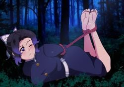 1girls artist_signature barefoot blush butterfly_hair_ornament closed_eye damsel_in_distress demon_slayer female female_only foot_fetish forest_background gradient_eyes hogtie kimetsu_no_yaiba kochou_shinobu night_sky pupilless_eyes purple_toenails reati1 rope_bondage solo tied_ankles tied_toes toenail_polish two_tone_hair