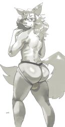 anthro ass backsack balls big_ass big_butt black_nose canid canine canis clothed clothing ear_piercing erokaiga eyewear femboy furgonomics genitals girly glasses greyscale hair hi_res jockstrap long_hair looking_at_viewer male mammal maned_wolf monochrome mostly_nude muscular muscular_male piercing smile solo standing twunk underwear underwear_only wolf