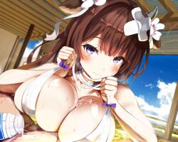 1boy animal_ears azur_lane bandaid bandaid_on_head bikini bikini_tug blue_sky bottle breasts cow_ears cow_girl cow_horns crossed_bandaids female flower hair_flower hair_ornament horns kashino_(azur_lane) kashino_(hot_springs_relaxation)_(azur_lane) large_breasts long_hair looking_at_viewer milk_bottle paizuri paizuri_under_clothes penis purple_eyes sky spilled_milk swimsuit takashia_(akimototakashia) white_bikini white_flower