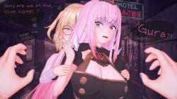 -yuri 2022 3d 3girls arcadia arm_grab assisted_rape blonde_hair breasts dialogue english_text female female_only gawr_gura glasses hololive hololive_english hololive_myth huge_breasts imminent_rape imminent_sex implied_yuri long_hair mori_calliope pink_eyes pink_hair pov restrained round_glasses short_hair text virtual_youtuber watson_amelia