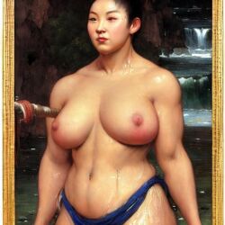 1girls ai_generated artist_request asian athletic athletic_female bare_arms bare_breasts bare_midriff bare_shoulders black_hair character_request classical exposed_breasts exposed_nipples female female_only large_breasts muscular muscular_female nipples nipples_outside original painting_(artwork) pink_nipples red_lips shirtless shirtless_female small_image stable_diffusion sweat topless topless_female waterfall