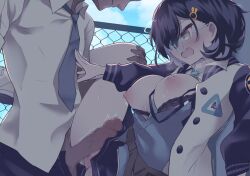 1boy against_wall artist_request black_bra black_hair blue_archive blue_necktie blush bra bra_pull breasts bunny_hair_ornament censored chihiro_(blue_archive) clothes_pull collared_shirt erection female glasses green_eyes hair_ornament highres jacket large_breasts leg_grab leg_up long_sleeves millennium_science_school_student mosaic_censoring necktie nipples open_clothes open_jacket open_mouth penis sahara_maddam shirt short_hair solo_focus straight tagme_(artist) trembling underwear veritas_(blue_archive) white_shirt