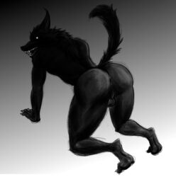 anthro anus ass balls black_body canid canine canis fur genitals glowing glowing_eyes hindpaw lickerdemon looking_at_viewer male mammal monochrome nightmare_fuel paws raised_tail simple_background solo were werecanid werecanine werewolf wolf