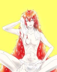 feet houseki_no_kuni humanoid long_hair no_nipples padparadscha_(land_of_the_lustrous) red_eyes red_hair red_toenails stitches sweat towel towel_around_waist towel_on_head unknown_artist very_long_hair white_skin yellow_background