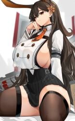 1girls absurdres animal_ears azur_lane bangs black_hair black_skirt black_thighhighs braid breast_curtain breasts brown_eyes chikuma_(azur_lane) closed_mouth collared_shirt commentary cowboy_shot cromwellb crossed_bangs earrings english_commentary female flower hair_between_eyes hair_flower hair_ornament hand_on_own_face hand_up high-waist_skirt highres jewelry large_breasts light-skinned_female light_skin long_hair long_sleeves looking_at_viewer mole mole_under_mouth necktie orange_necktie orange_neckwear pleated_skirt rabbit_ears sakura_empire_(azur_lane) shirt sideboob sitting skirt smile solo thick_thighs thighhighs thighs very_long_hair white_shirt zettai_ryouiki