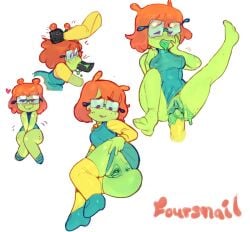 anthro anus asshole blowjob breasts female foursnail freckles glasses heart leotard motion_lines orange_hair pseudo_hair pussy selena_(foursnail) sex snail_trail vagina vaginal_insertion vaginal_penetration vaginal_sex white_background