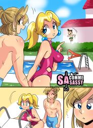 1girls 2boys alternate_version_available artist_name artist_signature ass blonde_hair blue_eyes breasts breath_of_the_wild couple curvy earrings female female_focus light-skinned_female light-skinned_male light_skin link luigi male male/female mario_(series) nintendo one-piece_swimsuit outdoors outside ponytail princess_peach sasatseng sideboob straight super_mario_bros. swimsuit tagme the_legend_of_zelda voluptuous