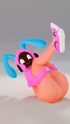 3d adriandustred ass big_ass bunny_ears bunny_girl female gloves grey_background headphones holding_legs jacket koko_(adriandustred) mittens original_character pink_clothing pink_hoodie shoes smile sneakers tagme thick_thighs