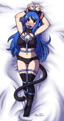 1girls arms_above_head ball_gag bed black_bra black_eyes black_lingerie black_panties blue_hair blue_harness bra breasts cat_ears cat_tail collar earrings fake_animal_ears fake_tail gag gagged harness laying_on_bed lingerie long_hair medium_breasts midriff moriwth navel o-ring_harness panties thighhighs