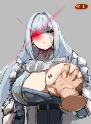 awesomeerix big_breasts birthmark breast_grab breasts clothing ethel_(xenoblade) glaring glaring_at_viewer grabbing hand_on_breast hud huge_breasts large_breasts looking_at_viewer one_breast_out shaded_face white_hair xenoblade_(series) xenoblade_chronicles_3