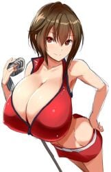 1girls 2d armpits artist_request brown_eyes brown_hair cleavage color eyebrows_visible_through_hair female female_only hand_on_ass huge_breasts light-skinned_female light_skin meiko_(vocaloid) microphone nipples_visible_through_clothing red_skirt red_topwear short_hair simple_background skirt smile solo vocaloid white_background white_belt