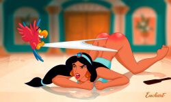 aladdin animal bird blue_clothing brown_skin bullying dark-skinned_female dark_skin defeated_heroine disney disney_princess enchartament hairbrush iago jewelry larger_sub lipstick lying lying_on_stomach pants_removed persian_clothing persian_female princess princess_jasmine red_ass royalty smaller_dom spank_marks spanked spanked_ass spanked_booty spanked_butt wedgie