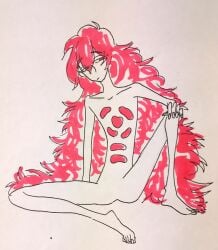 2020 ambiguous_gender androgynous houseki_no_kuni humanoid long_hair padparadscha_(land_of_the_lustrous) red_eyes red_hair red_nails sketch slim_waist solo unknown_artist very_long_hair white_skin