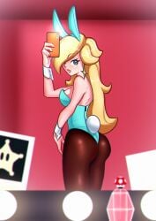 1girls 2021 ass blonde_hair blue_eyes bunny_ears bunnysuit earrings female female_only hair_over_one_eye long_hair mario_(series) mirror_selfie nintendo open_mouth princess_rosalina selfie solo star_earrings super_mario_galaxy viper1390