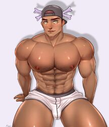 bulge gijinka kappibara male male_only melanin muscles muscular muscular_male paldean_wooper pokemon pokemon_sv sitting snapback spread_legs underwear wooper