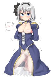 arms_behind_back artoria_pendragon_(fate) bangs barefoot black_bow black_hairband blue_dress blue_eyes blue_sleeves blush bow bow_hairband breasts breasts_out censored commentary cosplay crossover_cosplay dot_nose dress fate_(series) female flying_sweatdrops ghost hairband highres kneeling konpaku_youmu long_sleeves looking_at_viewer medium_breasts nipples novelty_censor puffy_sleeves pussy saber saber_(cosplay) short_hair simple_background solo speech_bubble thighs touhou trembling white_background white_hair youmu-kun youmu_konpaku