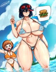 >_< 2girls beach big_breasts bikini blue_eyes breasts brown_hair cameltoe duo_kawa female female_only g-string g-string_only huge_breasts kill_la_kill mankanshoku_mako matoi_ryuuko micro_bikini nipple_bulge pubic_hair pubic_hair_peek short_hair thick_thighs thighs thought_bubbles venus_body wide_hips